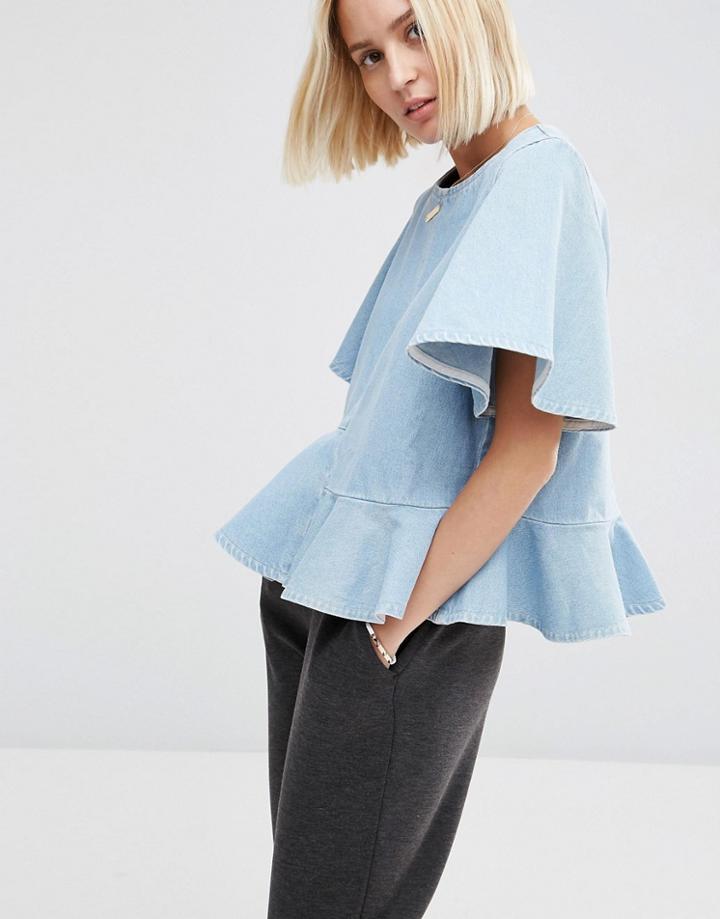 Asos White Denim Stepped Peplum Hem Top - Blue