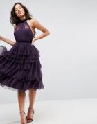 Asos Premium High Neck Tiered Tulle Midi Prom Dress - Purple