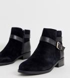 New Look Wide Fit Suede Buckle Detail Flat Boots In Black