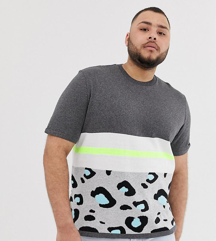 Asos Design Plus Knitted T-shirt In Color Blocked Animal - Gray