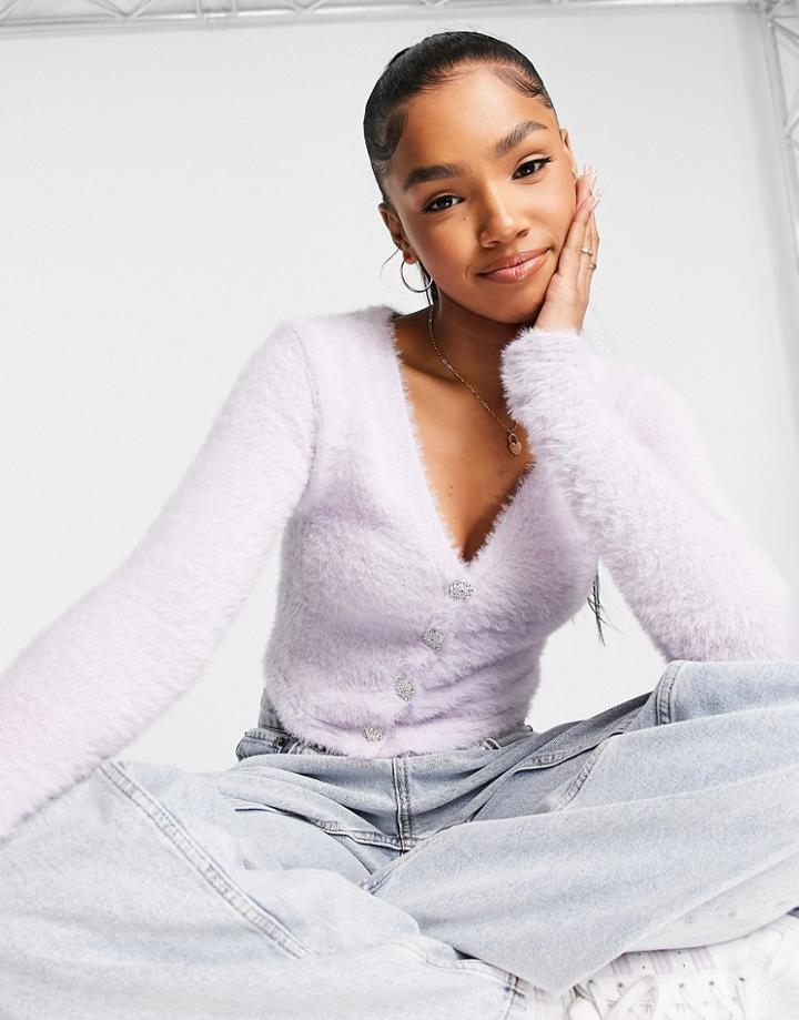 Stradivarius Fluffy Crystal Button Cardigan In Lilac-purple