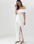 Asos Design Bardot Fit And Flare Slub Maxi Dress-white