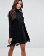 Asos Turtleneck Skater Dress With Lace Hem - Black
