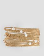 Asos Fine Chain And Faux Pearl Multirow Bracelet - Gold