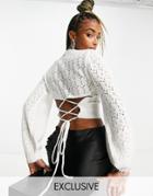 Reclaimed Vintage Inspired Sweater In Pointelle Stitch With Open Back In White