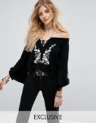 Kiss The Sky Off Shoulder Top With Flutter Sleeves And Delicate Embroidery - Black