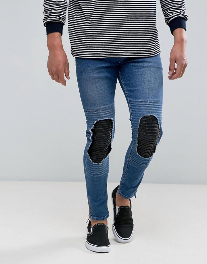 Asos Super Skinny Jeans In Mid Wash Blue Biker With Leather Look Rip And Repair - Blue
