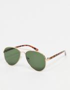 Asos Design 90s Aviator Sunglasses In Gold And Tort With Green Lens-black