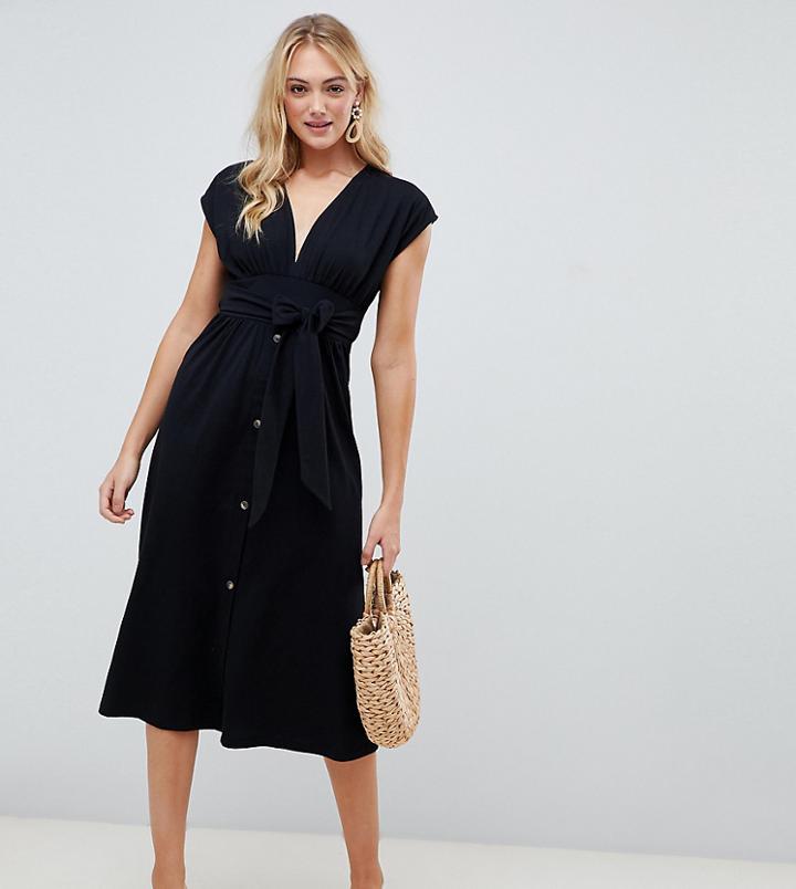 Asos Design Tall Button Through Rib Tea Dress - Black