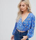 Asos Petite Plisse Cropped Wrap Top In Ditsy Print - Blue