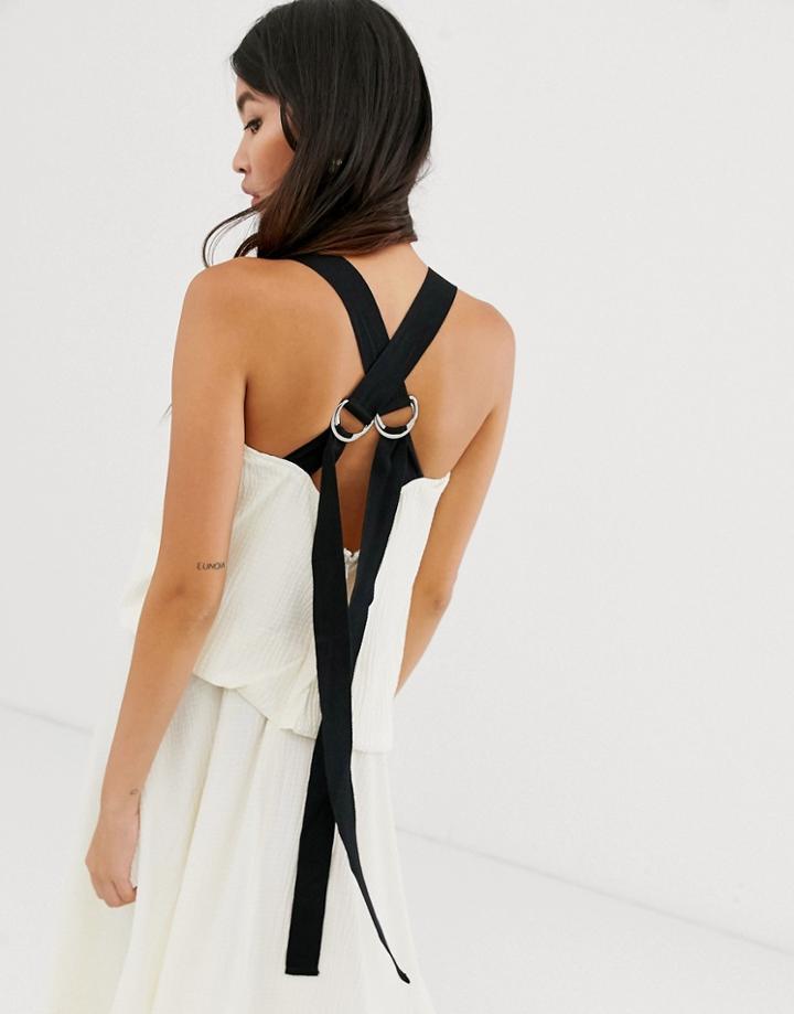 Asos Design Textured Maxi Dress With Grosgrain Straps-cream