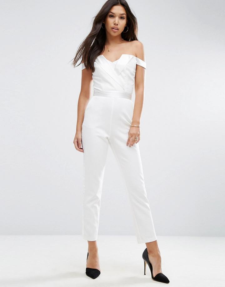 Asos Bardot Jumpsuit With Tuxedo Detail - White