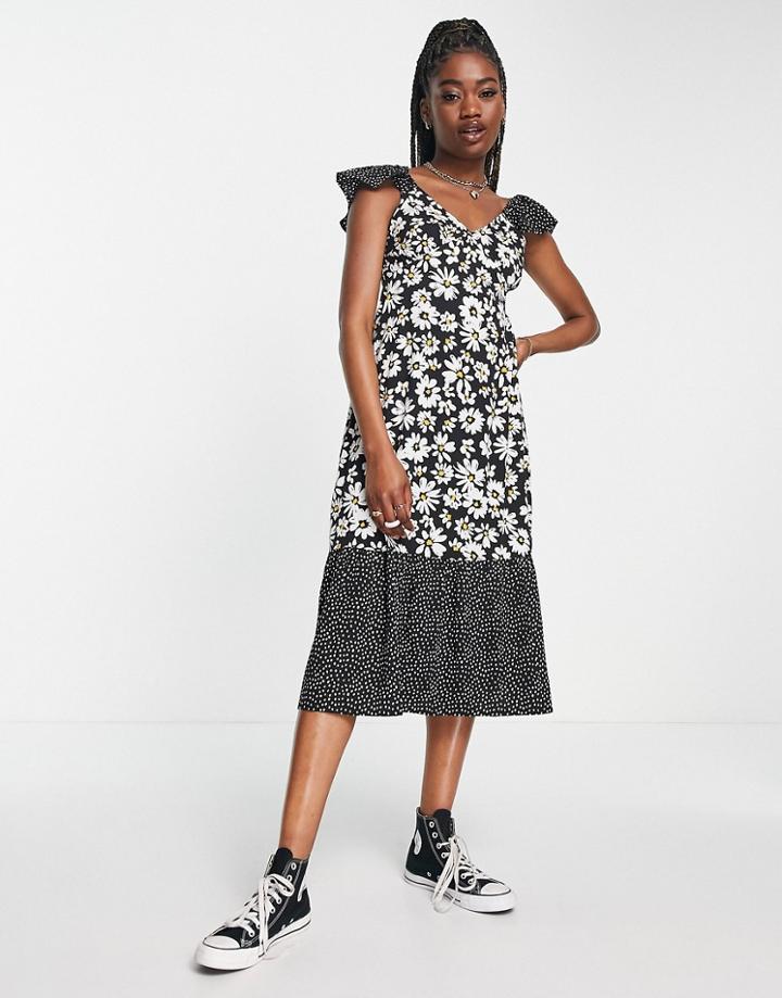 Influence Frill Sleeve Midi Dress In Daisy Polka Mix Print-black