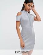 Naanaa Cold Shoulder Bodycon Dress With Hook And Eye Detail - Gray