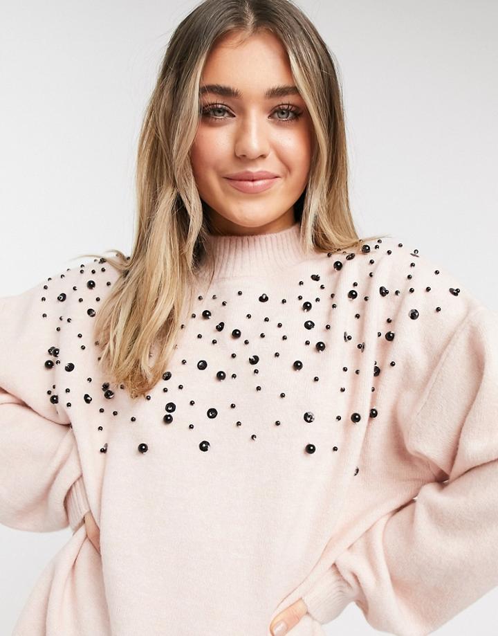 New Look Cozy Knit Beaded Sweater With Volume Sleeve In Soft Pink