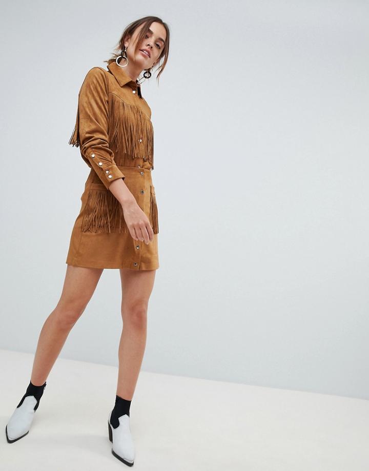 Mango Fringe Faux Suede Skirt In Brown - Brown