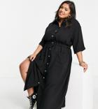 Asos Design Curve Button Through Elastic Waist Midi Shirt Dress In Black