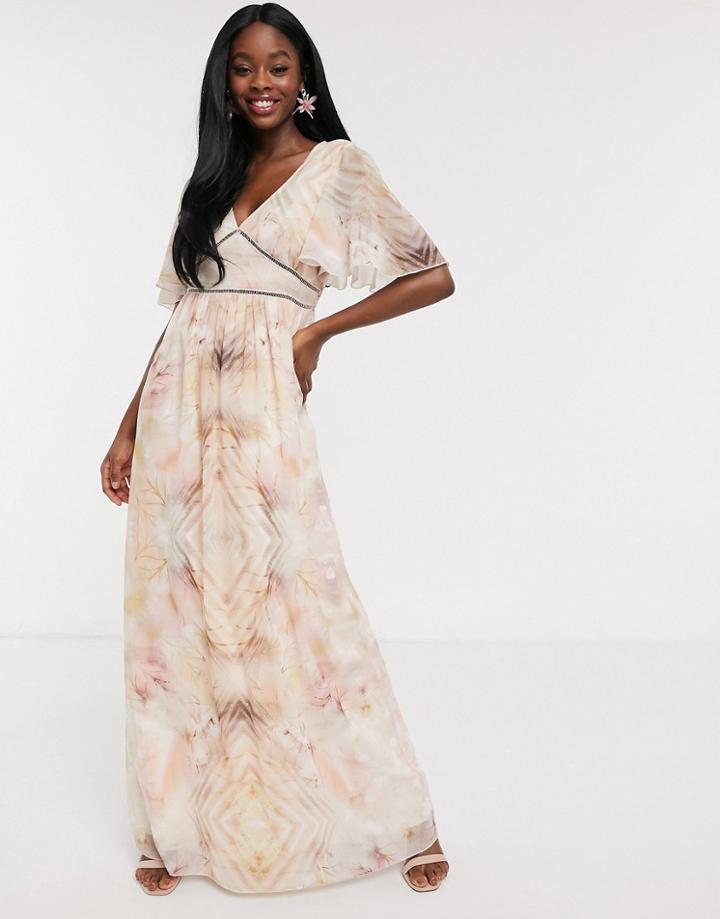 Little Mistress Flutter Sleeve Maxi Dress In Marble Print-multi