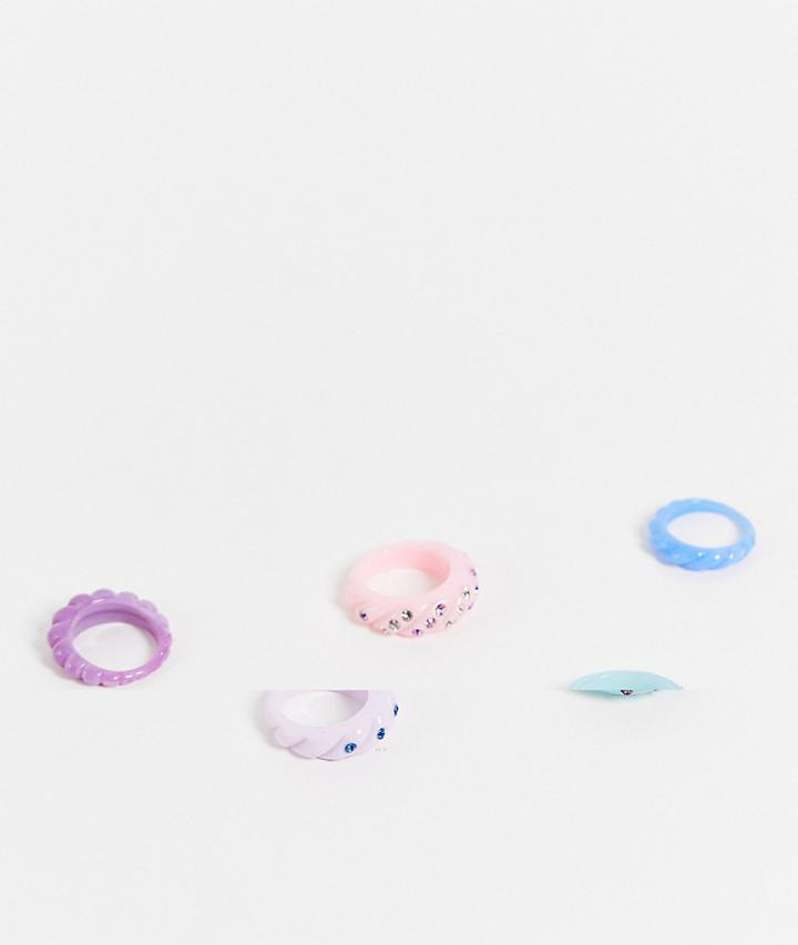 Asos Design Pack Of 5 Plastic Rings With Crystals In Twist Design-multi