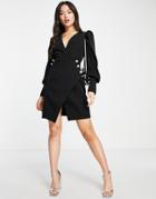Vl The Label V Neck Puff Sleeve Mini Dress In Black