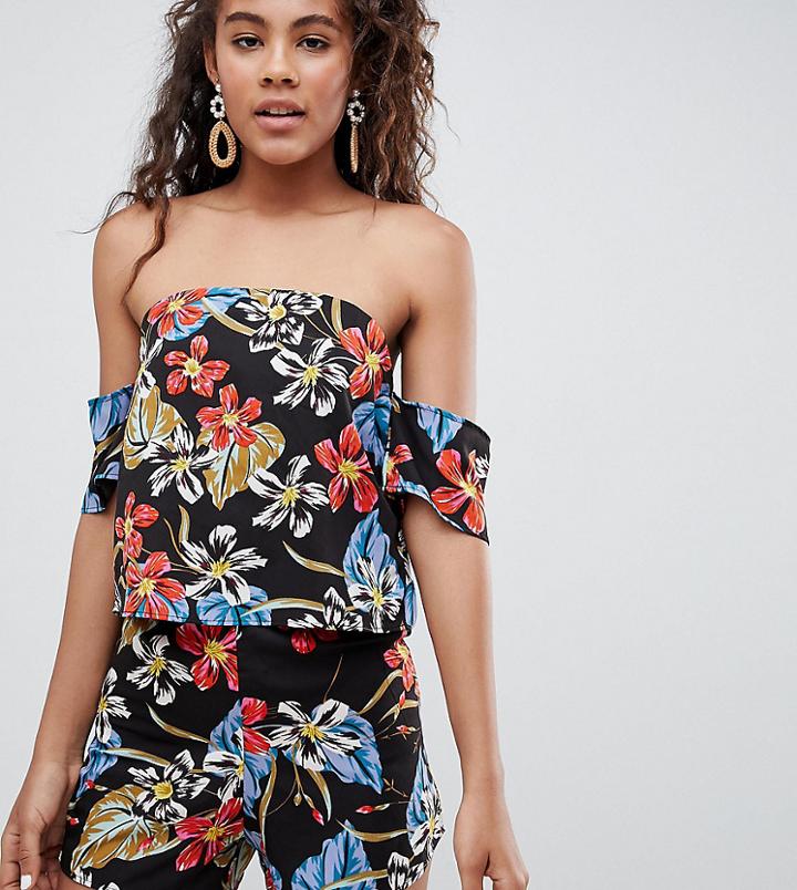 Influence Tall Tropical Print Bardot Romper - Black