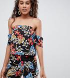 Influence Tall Tropical Print Bardot Romper - Black