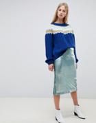 Mango Sequin Detail Midi Skirt In Turqoise - Blue