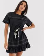 Asos Design Mini Skater Dress With Rope Belt - Black