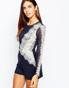 Ax Paris Romper With Mesh Sleeves And Eyelash Lace - Navy