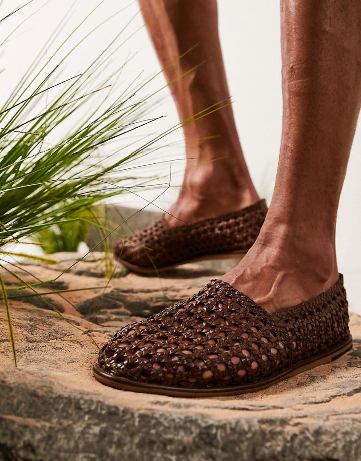 Asos Design Loafers In Tan Woven Leather-brown