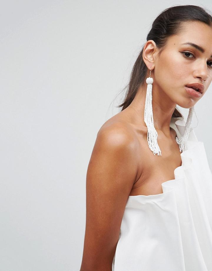 Asos Extra Long White Bead Tassel Earrings - White