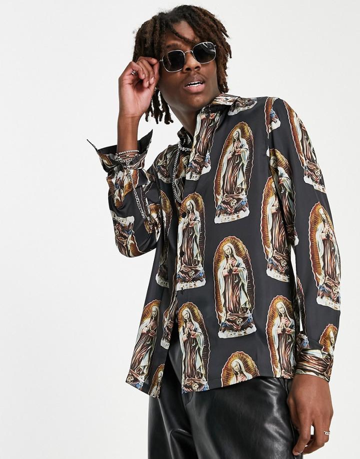 Asos Design Revere Satin Shirt In Renaissance Print-black