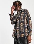 Asos Design Revere Satin Shirt In Renaissance Print-black