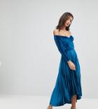 Asos Tall Velvet Wrap Bardot Pleated Midi Dress - Blue