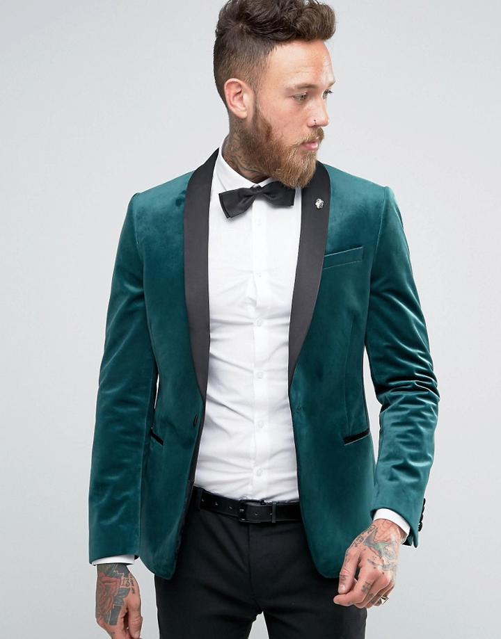 Asos Skinny Blazer In Velvet In Green - Green