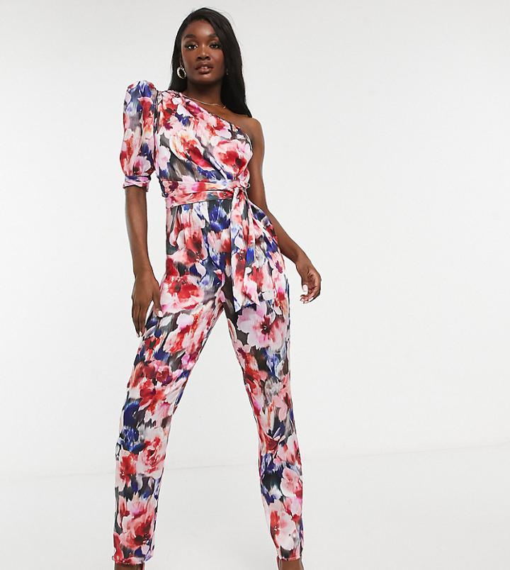 Asos Design Tall One Shoulder Puff Sleeve Jumpsuit In Floral-multi