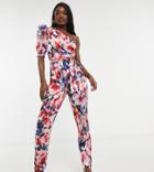 Asos Design Tall One Shoulder Puff Sleeve Jumpsuit In Floral-multi