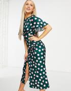 Chi Chi London Flutter Sleeve Midi Tea Dress In Emerald Green Spot