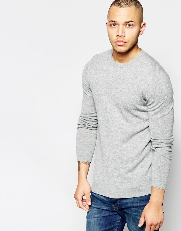 Asos Merino Wool Crew Neck Sweater In Gray - Flint