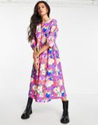Monki Yoyo Organic Cotton Seersucker Dress In Pink Floral Print-multi