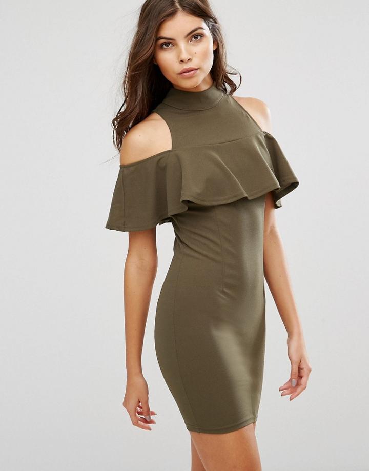 Ax Paris Cold Shoulder High Neck Mini Dress With Ruffled Detail - Green
