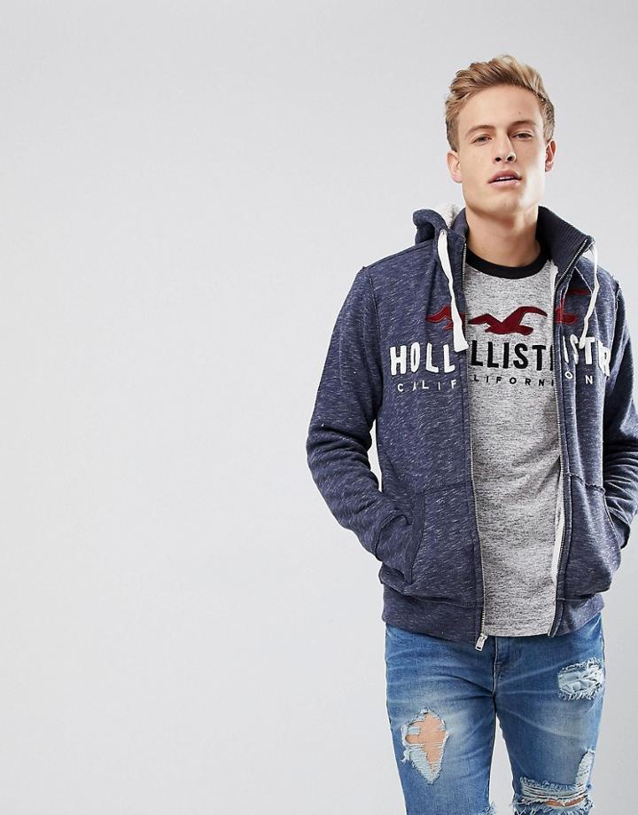 Hollister Fleece Lined Logo Full Zip Hoodie In Navy - Navy