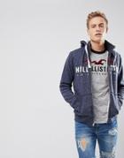 Hollister Fleece Lined Logo Full Zip Hoodie In Navy - Navy