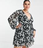 Asos Design Curve Pleated Mini Wrap Dress In Monochrome Floral-multi