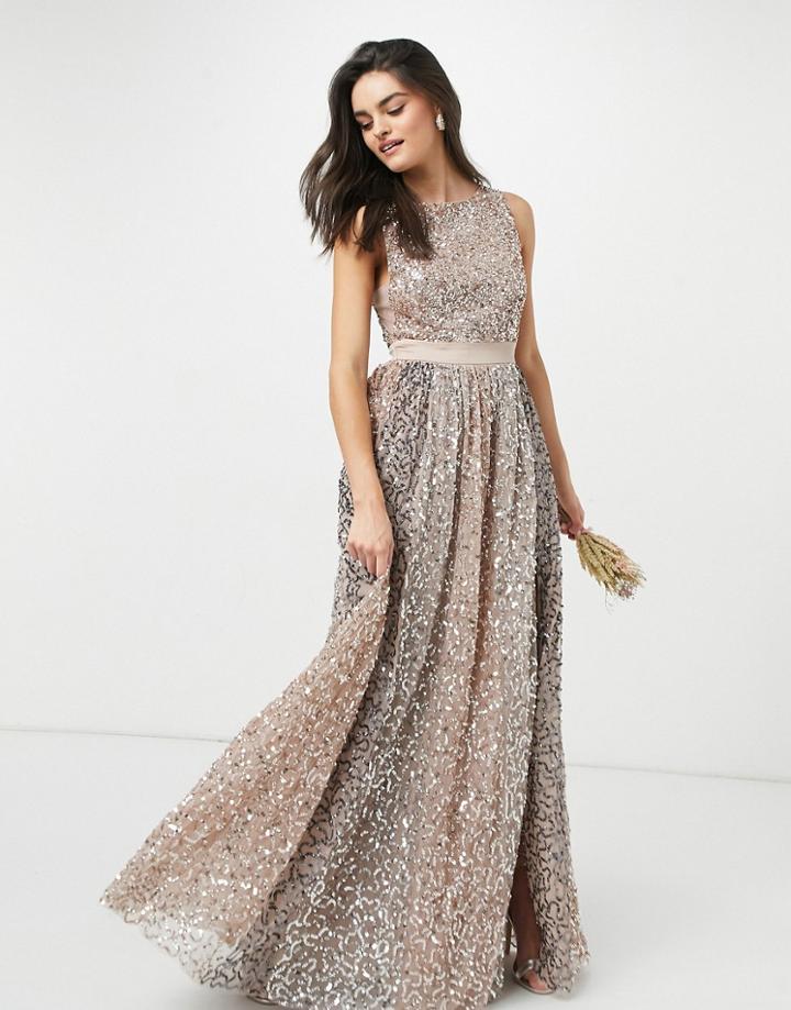 Maya Allover Contrast Tonal Delicate Sequin Dress With Satin Waist In Taupe Blush-pink