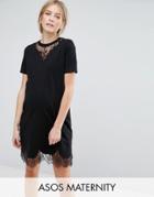 Asos Maternity T-shirt Dress With Lace Inserts - Black