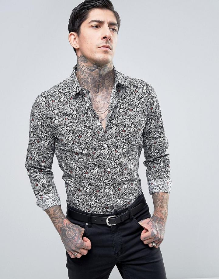 Devils Advocate Mono Floral Slim Fit Shirt - Black