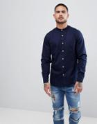 Asos Stretch Slim Denim Shirt With Grandad Collar - Navy