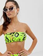 Asos Design Mix And Match Clean Bandeau Bikini Top In Neon Snake Print - Green
