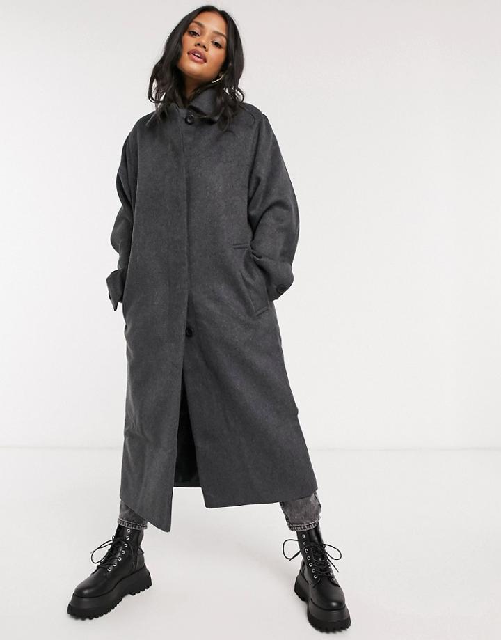 Asos Design Button Through Coat In Dark Gray-grey